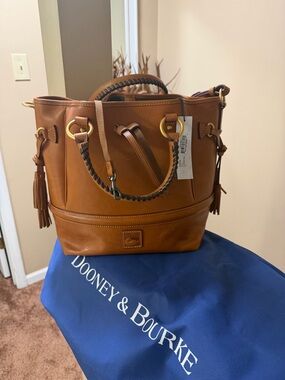 Dooney & Bourke Tan Leather Tote with Braided Handles and Tassels